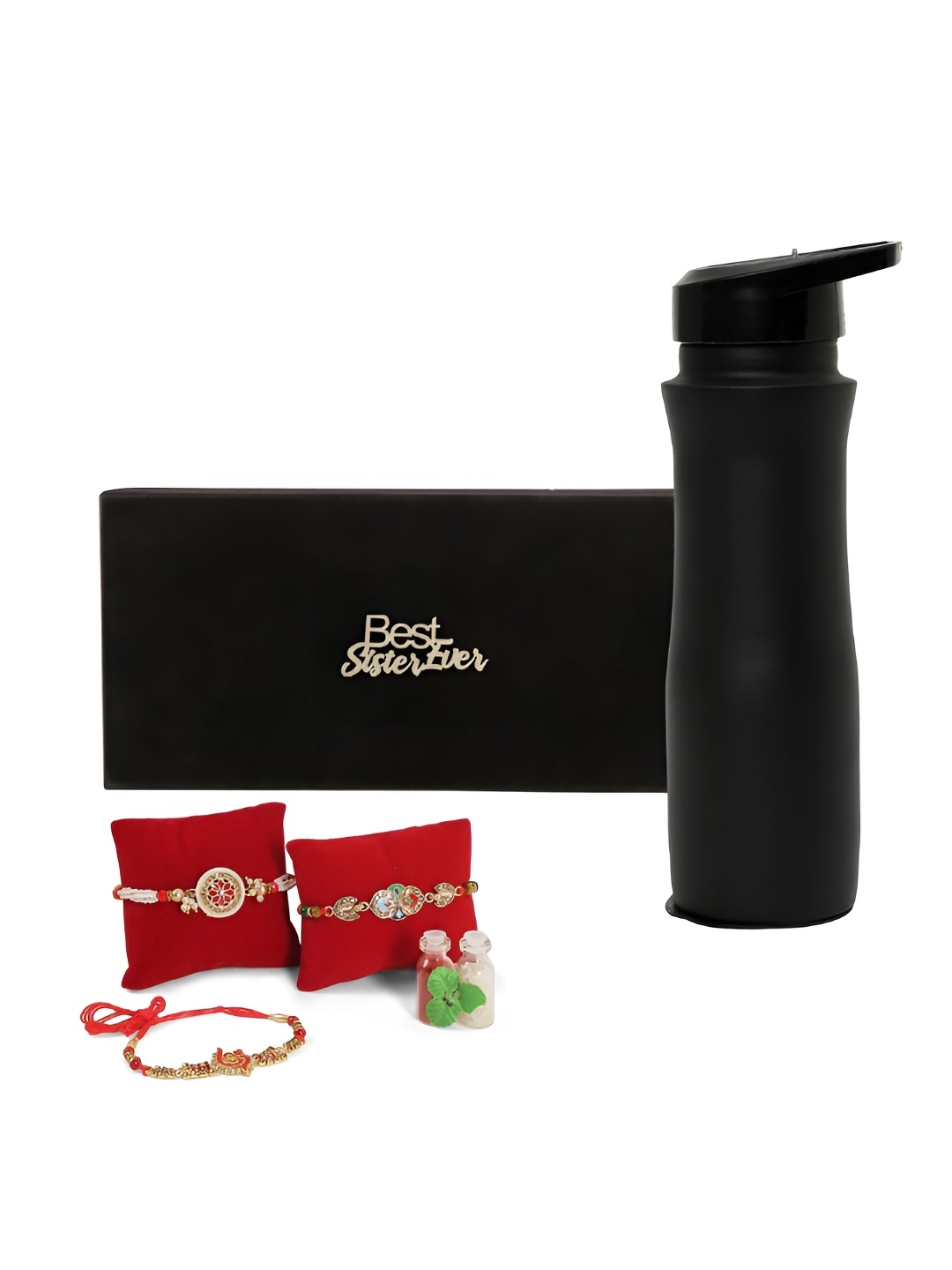 

INTERNATIONAL GIFT Set Of 3 Rakhis With Copper Water Bottle & Roli Chawal, Black