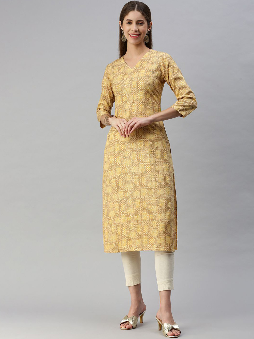 

KALINI Geometric Printed Straight Kurta, Yellow