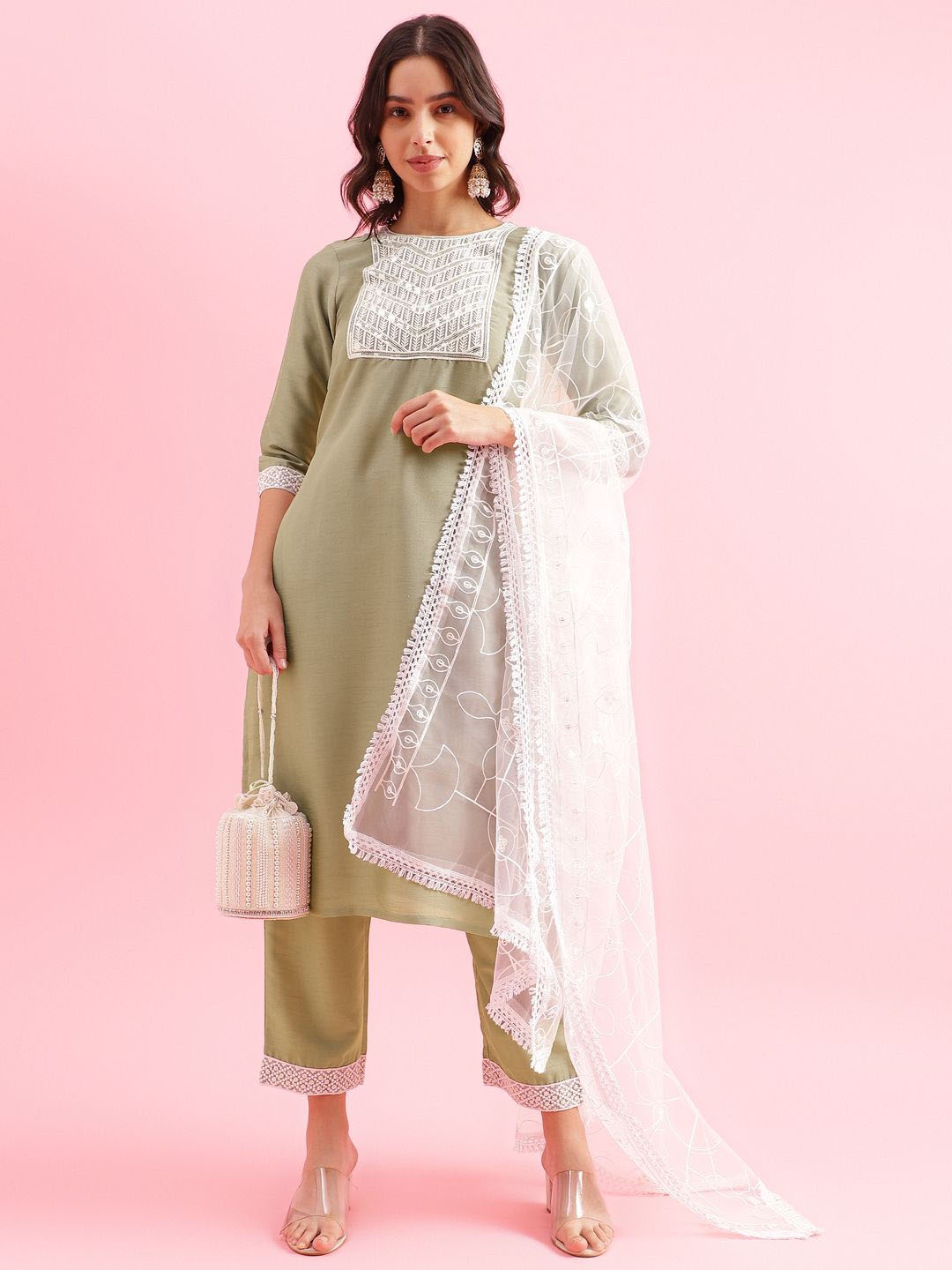 

KALINI Floral Yoke Design Kurta with Trousers & Dupatta, Green