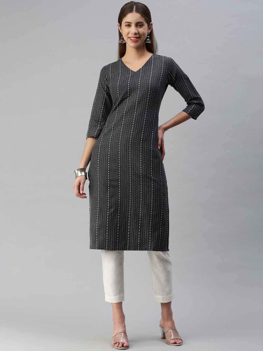 

KALINI Striped V-Neck Jacquard Weave Straight Kurta, Grey