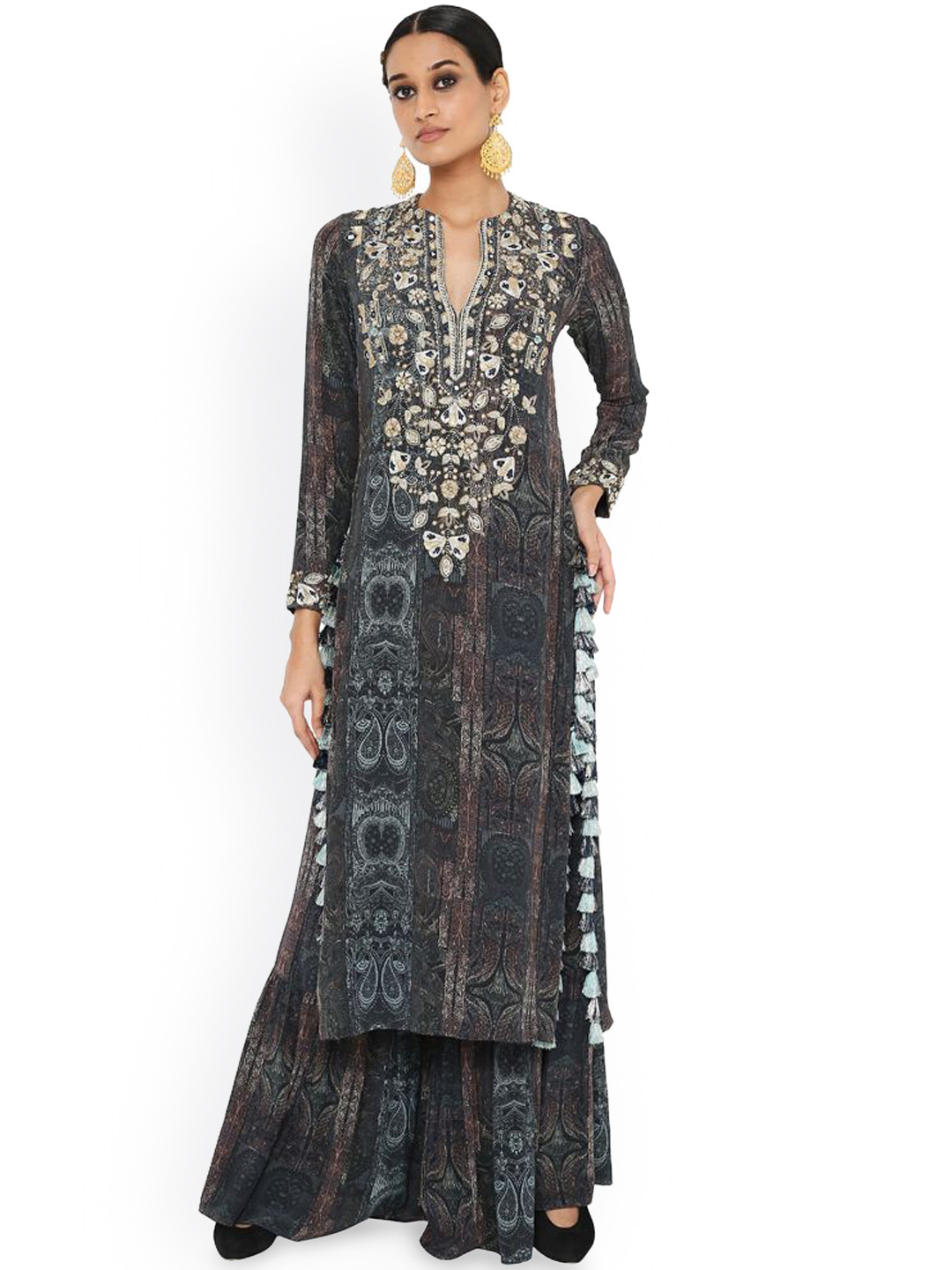 

Payal Singhal Floral Printed Notch Neck Thread Work Kurta with Palazzos, Black