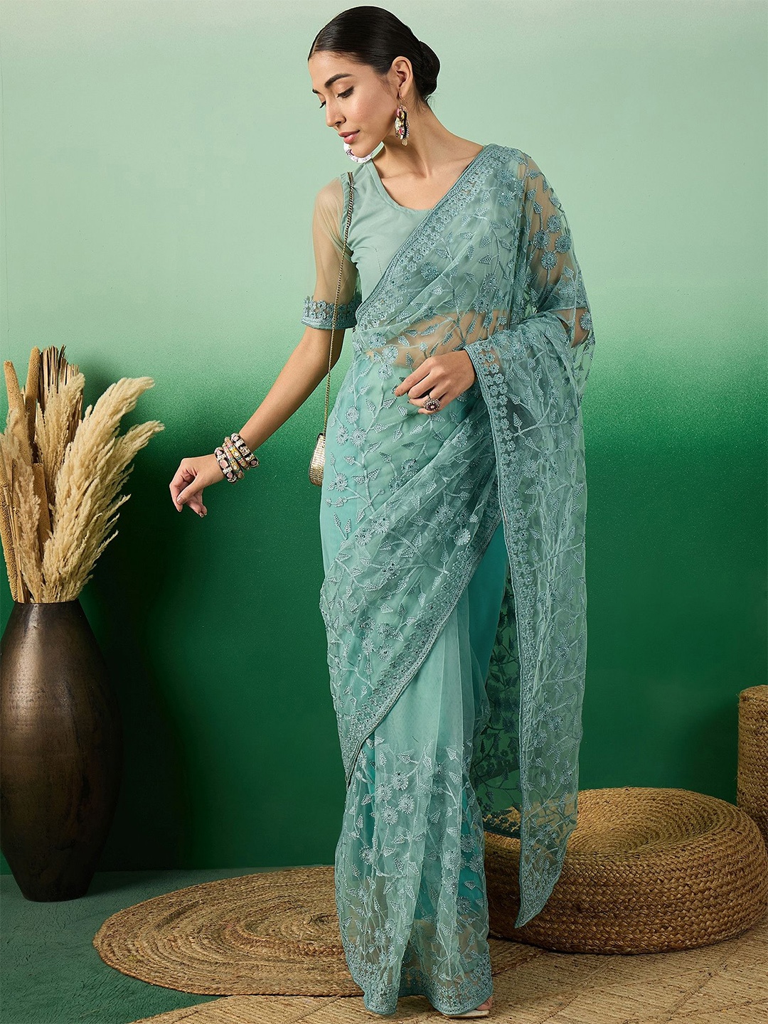 

SHADOW & SAINING Floral Beads and Stones Net Saree, Teal