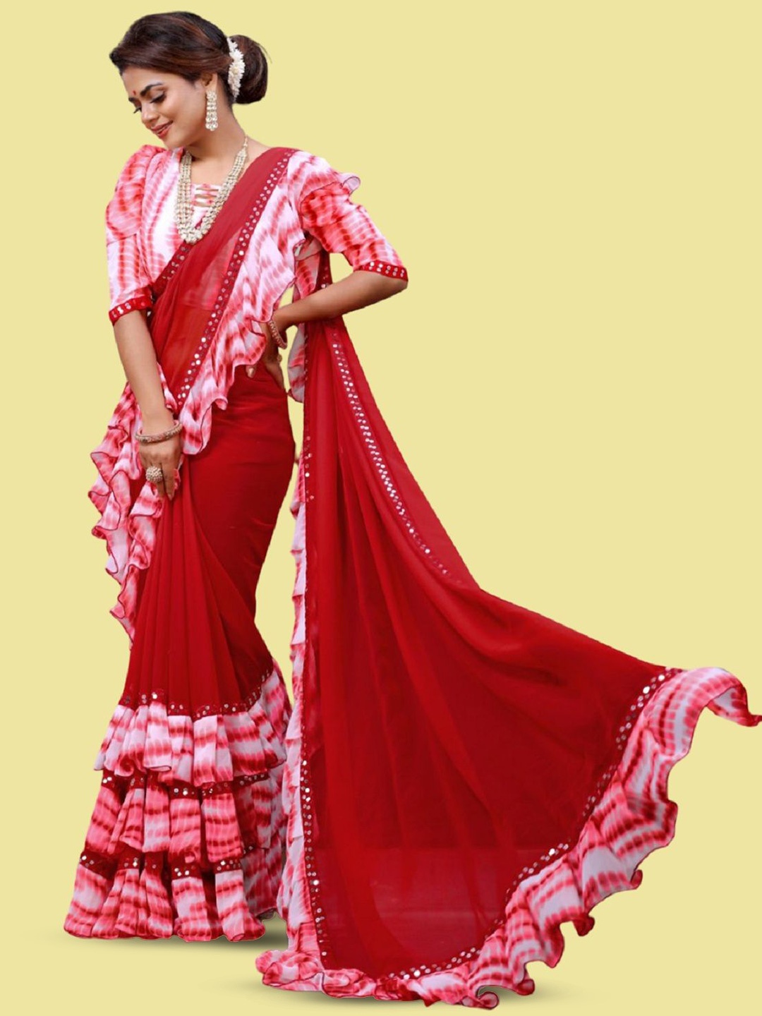 

LADY SHOPI Tie and Dye Sequinned Pure Georgette Saree, Red