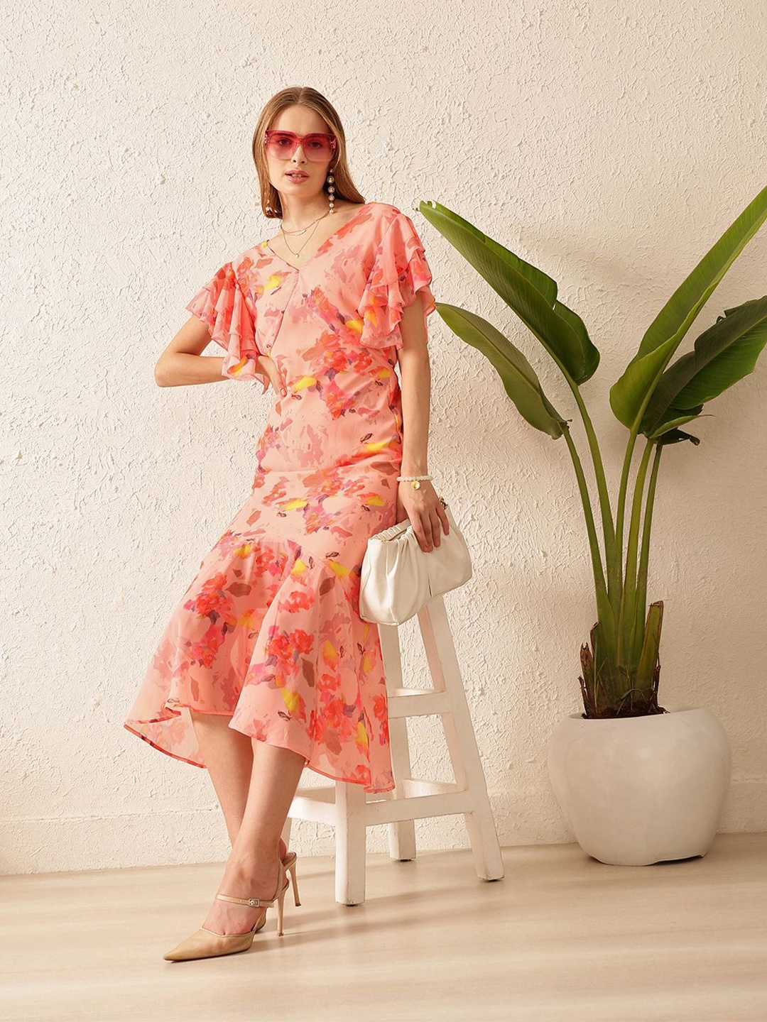 

STREET 9 Floral Printed Puff Sleeve Georgette A-Line Midi Dress, Peach