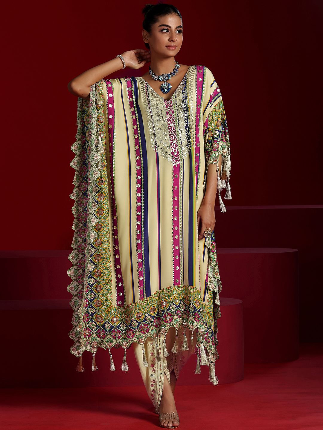 

Libas Art Ethnic Motifs Embroidered Kaftan Kurta With Dhoti Pant, Cream