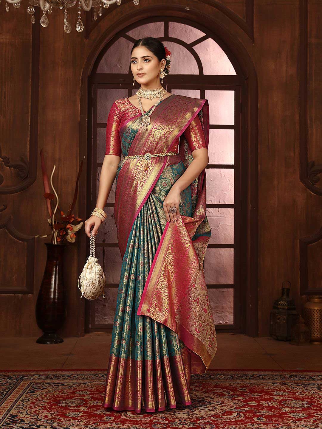 

JUST FASHION Ethnic Motifs Zari Kanjeevaram Saree, Turquoise blue