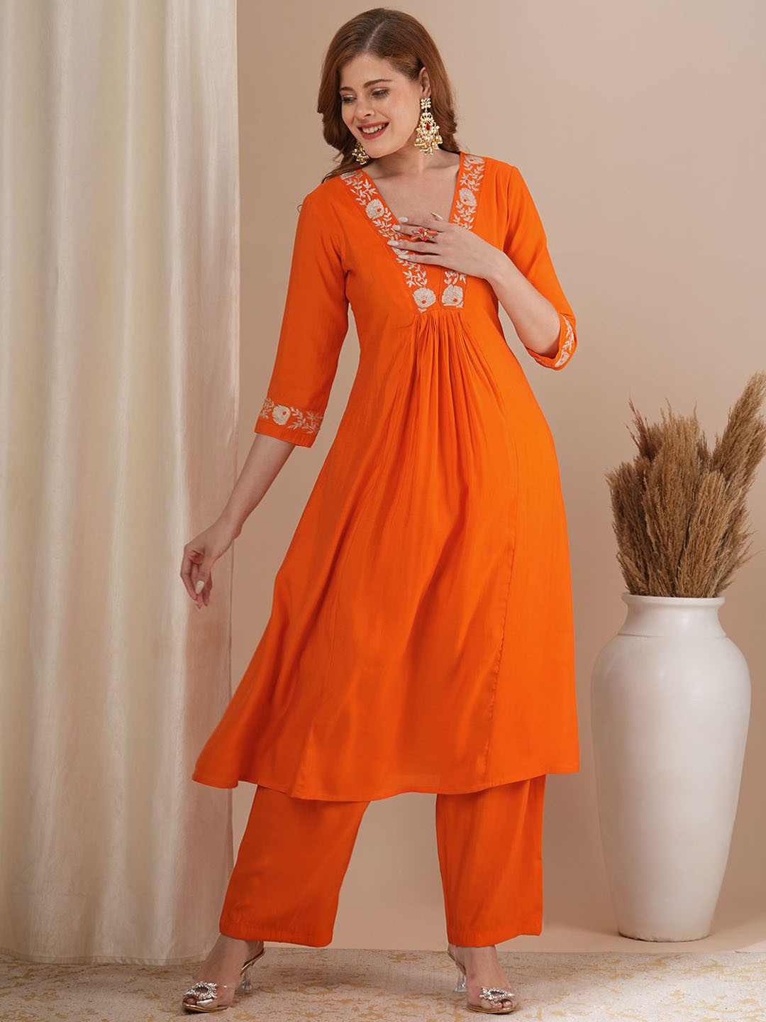 

FASHOR Embroidered V-Neck Tunic Top With Trousers, Orange