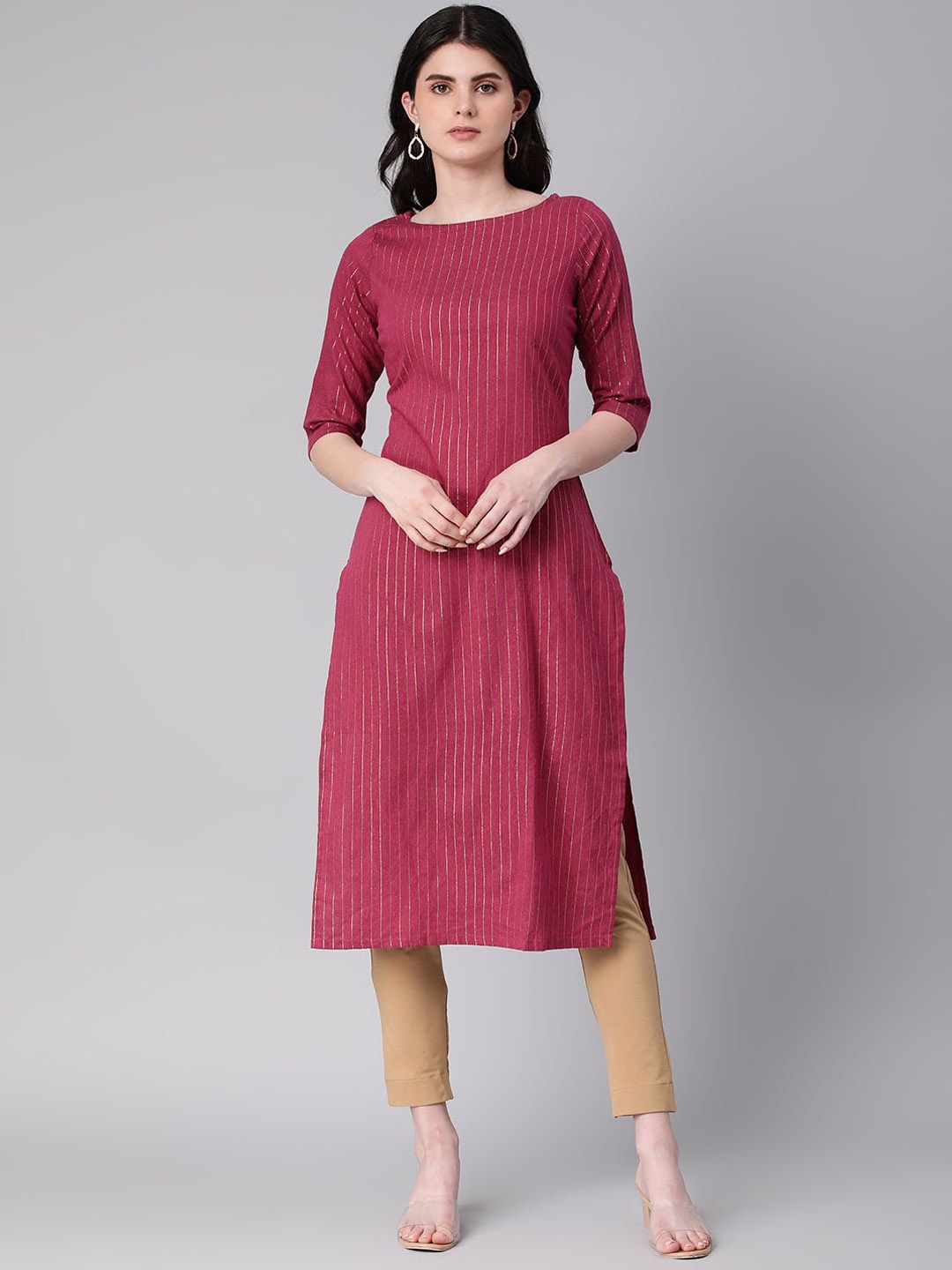 

KALINI Striped Round Neck Straight Kurta, Pink