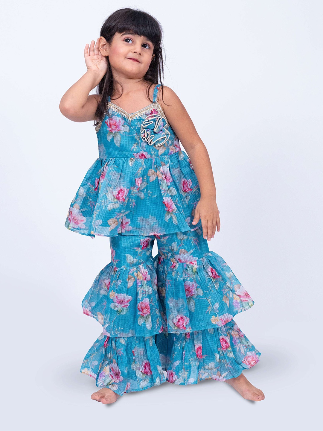 

Twisha Girls Floral Printed Shoulder Straps Embellished Tunic & Sharara, Blue