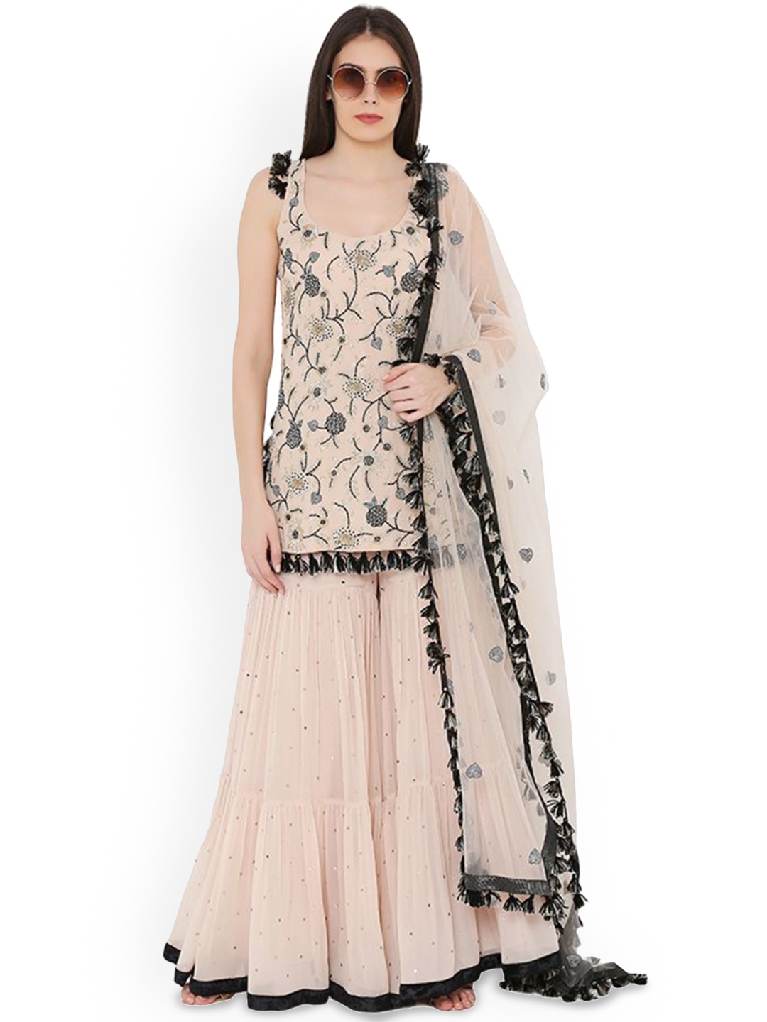 

Payal Singhal Ethnic Motifs Embroidered Thread Work Kurti with Sharara, Pink