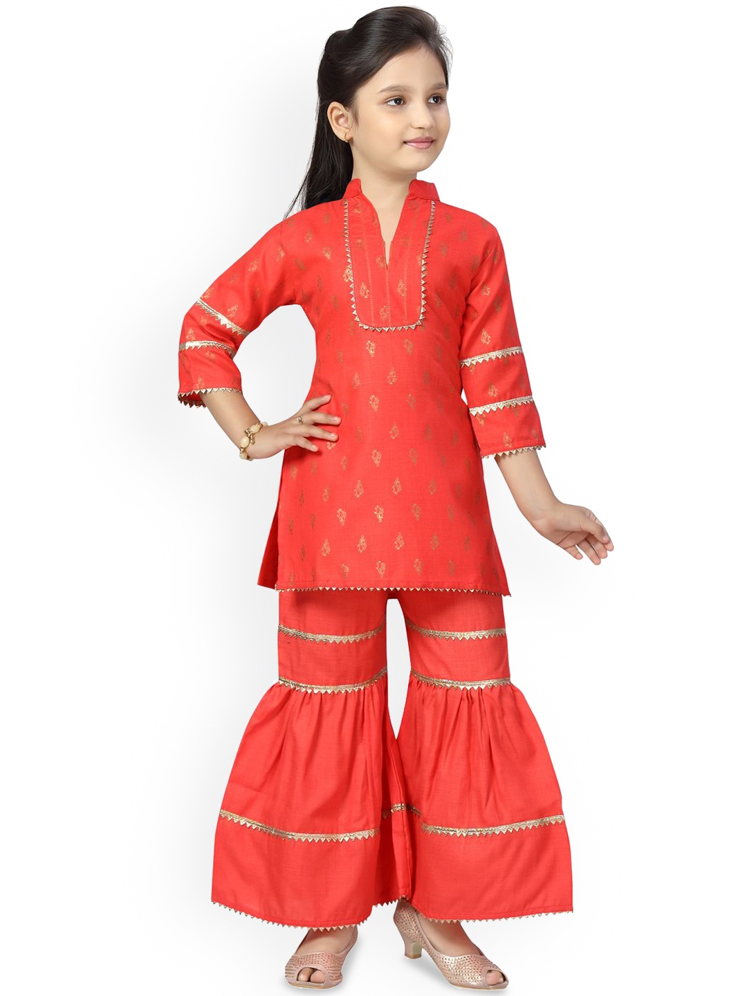 

BAESD Girls Ethnic Motifs Woven Design Gotta Patti Pure Cotton Straight Kurti With Sharara, Peach