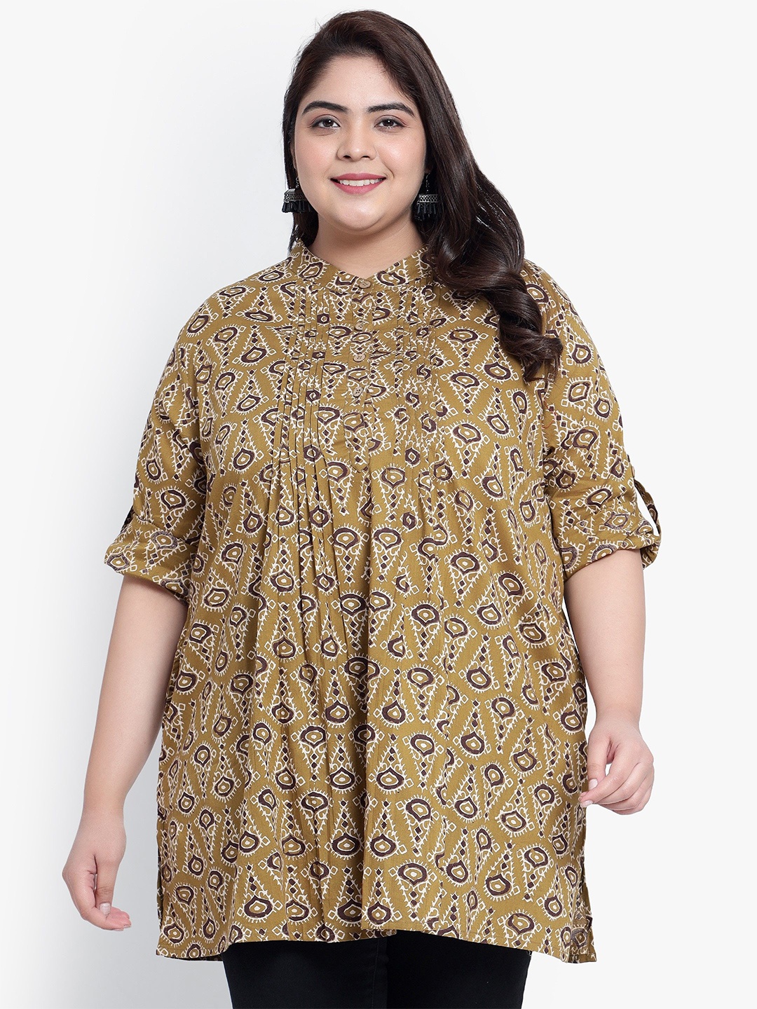 

Indietoga Women Plus Size Abstract Printed Mandarin Collar Cotton Top, Mustard