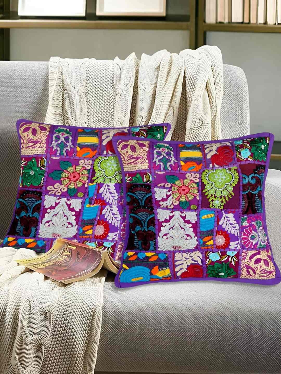 

E-Ezra Purple & Green 2 Pieces Embroidered Patch Work Square Cushion Covers