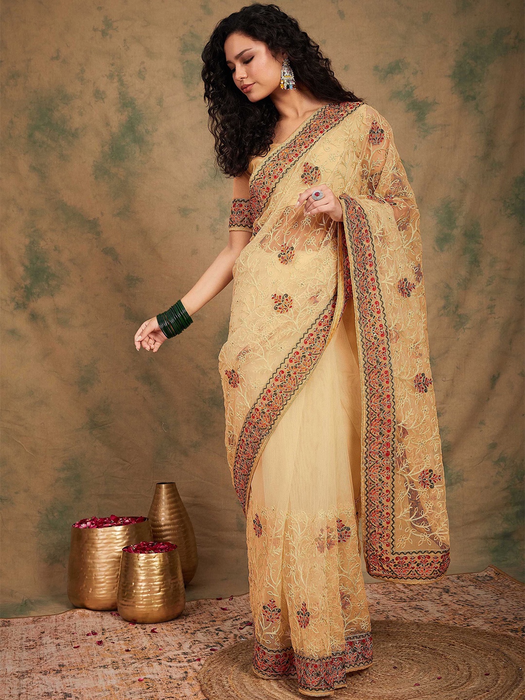 

SHADOW & SAINING Floral Beads and Stones Net Saree, Beige