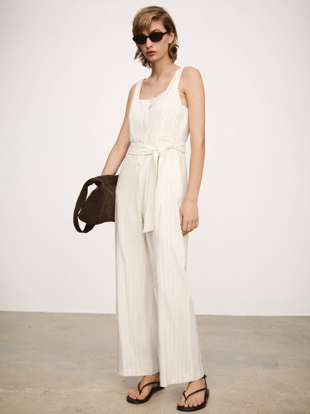 

MANGO Striped Basic Jumpsuit with Belt, Off white