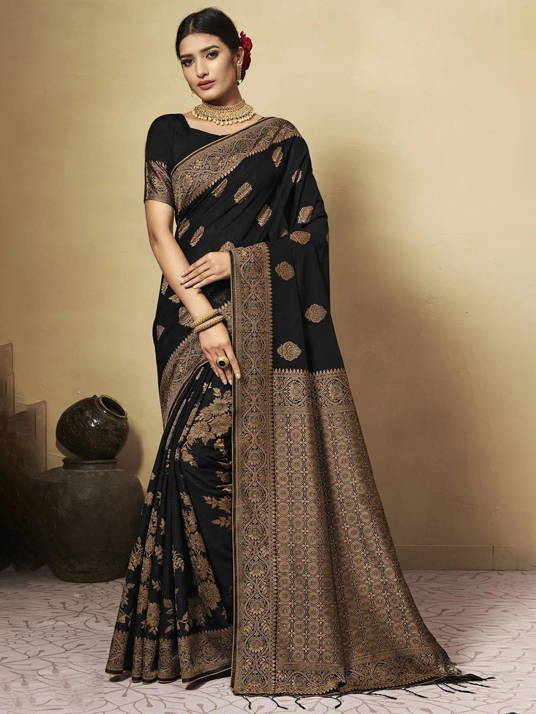

Jinal & Jinal Woven Design Zari Pure Cotton Chanderi Saree, Black