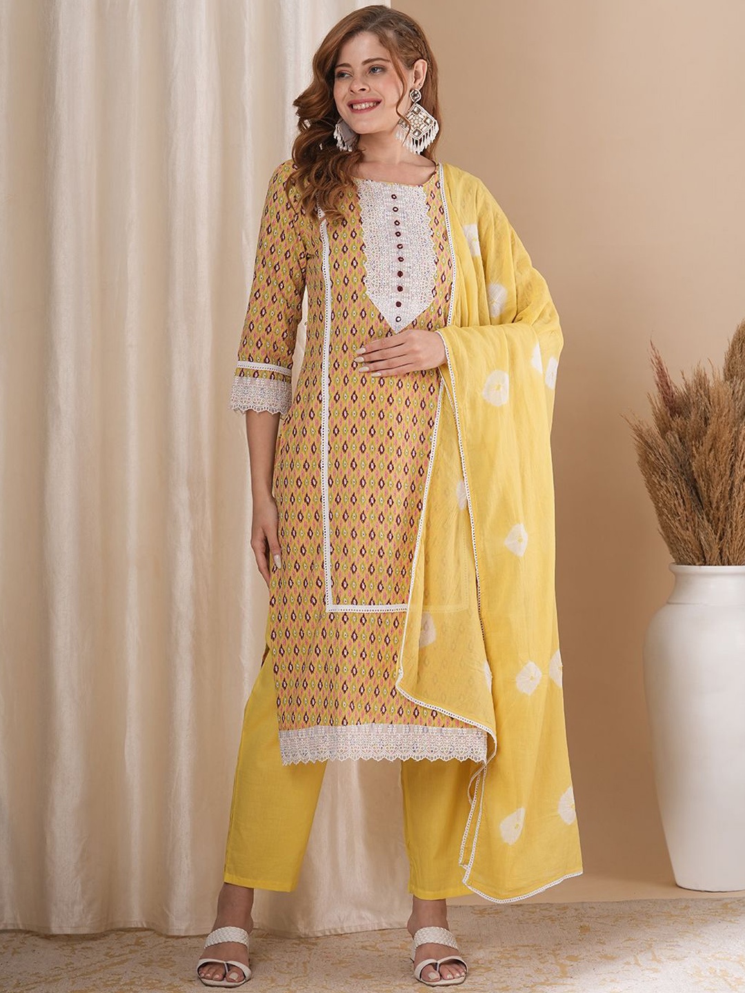 

FASHOR Ethnic Motifs Embroidered Pure Cotton Straight Kurta With Trousers & Dupatta, Yellow
