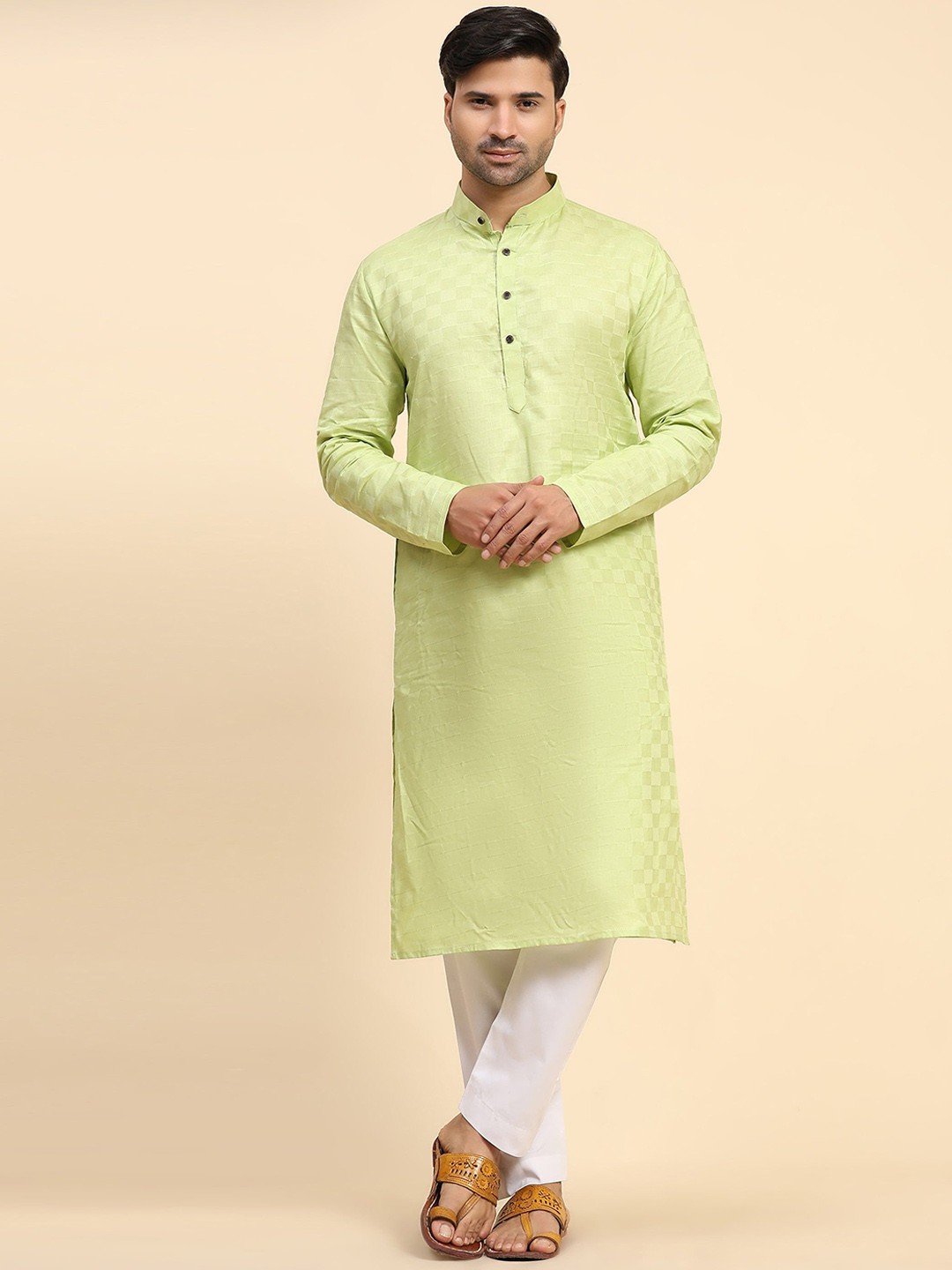 

Rawayi Geometric Band Collar Pure Cotton Straight Kurta, Green