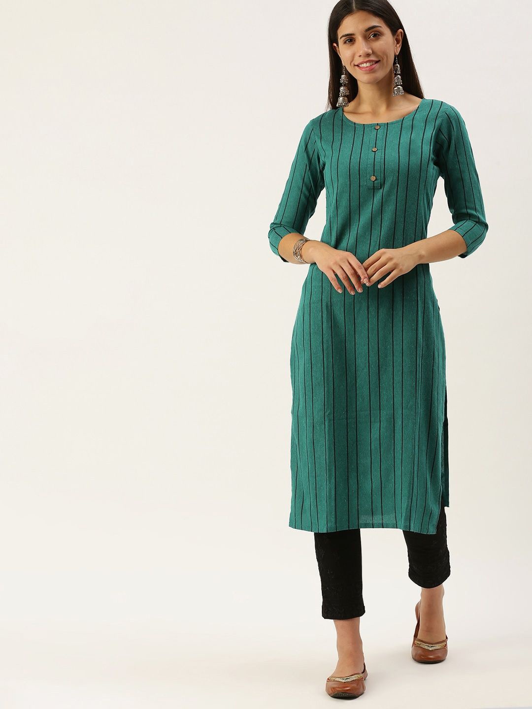 

KALINI Striped Printed Straight Kurta, Green