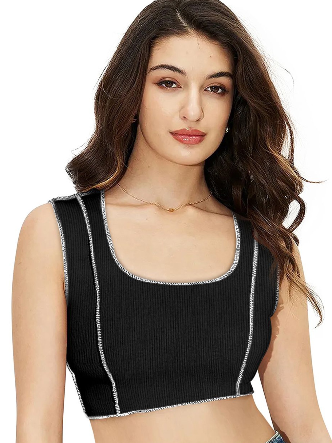 

Sanwariya Silk Women Solid Knits Scoop Neck Cotton Top, Black