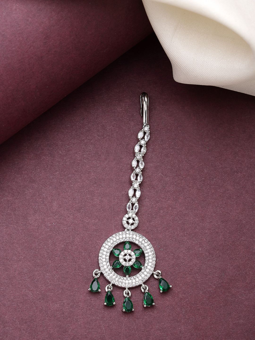

ZENEME Rhodium-Plated American Diamond Studded Maang Tikka Head Jewellery, Silver