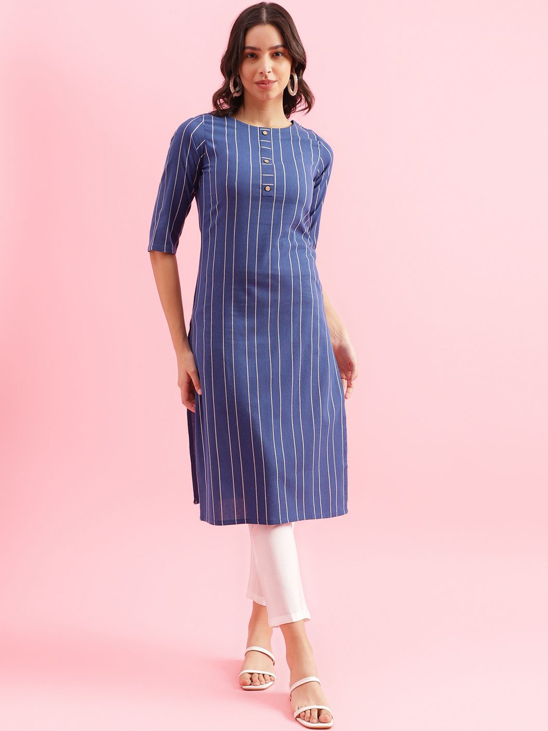 

KALINI Striped Printed Straight Kurta, Blue