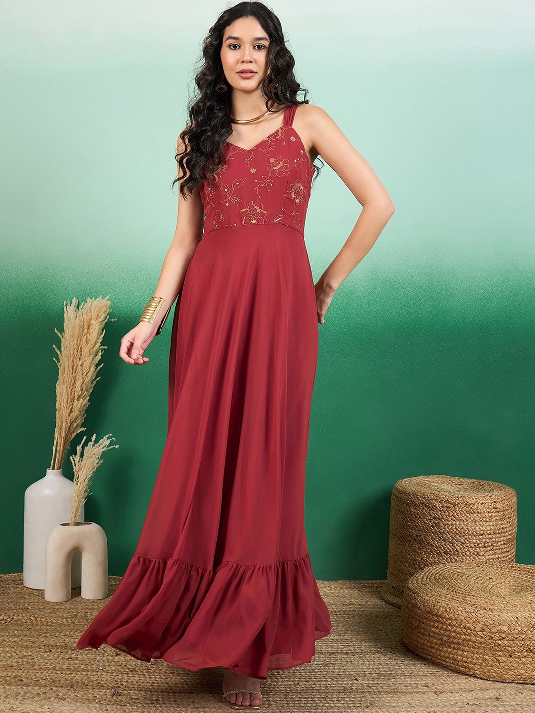 

Sangria Women Floral Thread and Sequinned Embroidered Maxi Ethnic Dress, Red