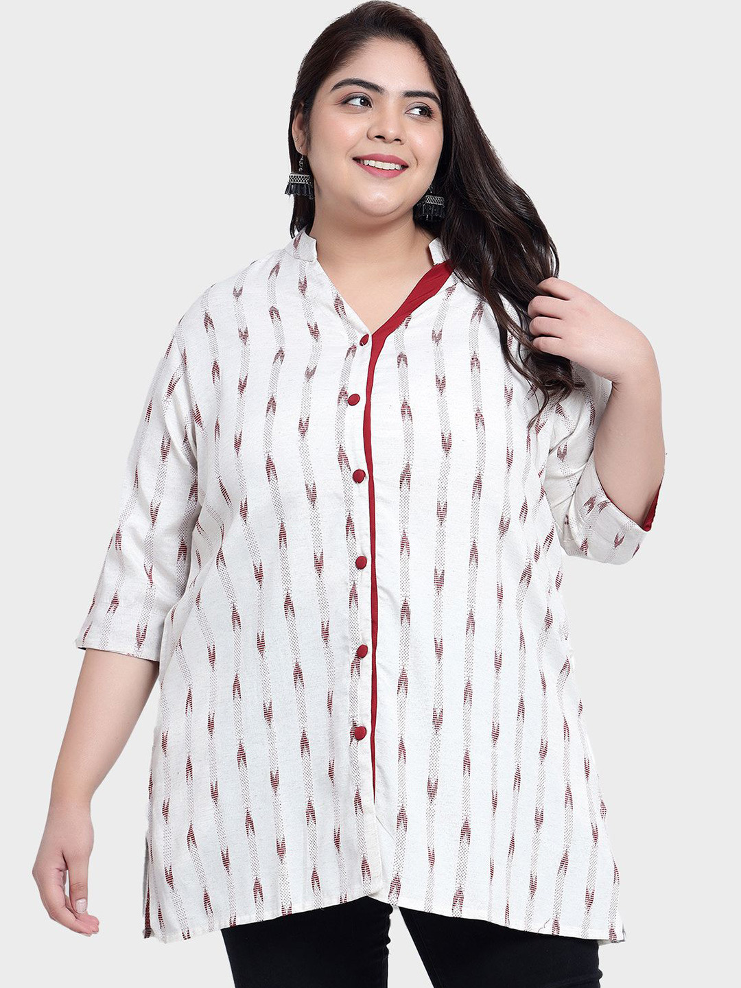 

Indietoga Women Plus Size Striped Mandarin Collar Cotton Top, Red