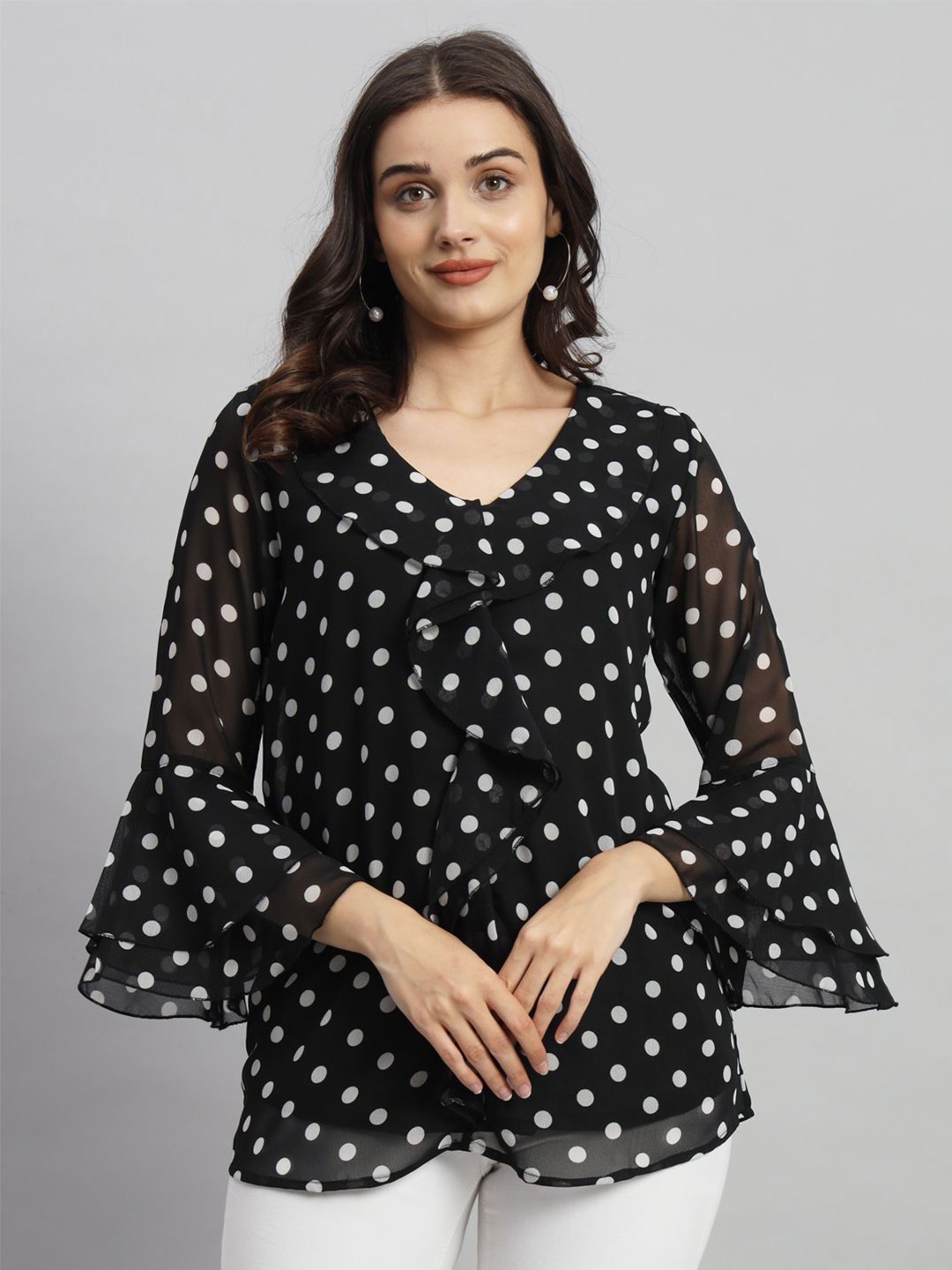 

Curvydrobe Women Polka Dots Printed V-Neck Top, Black