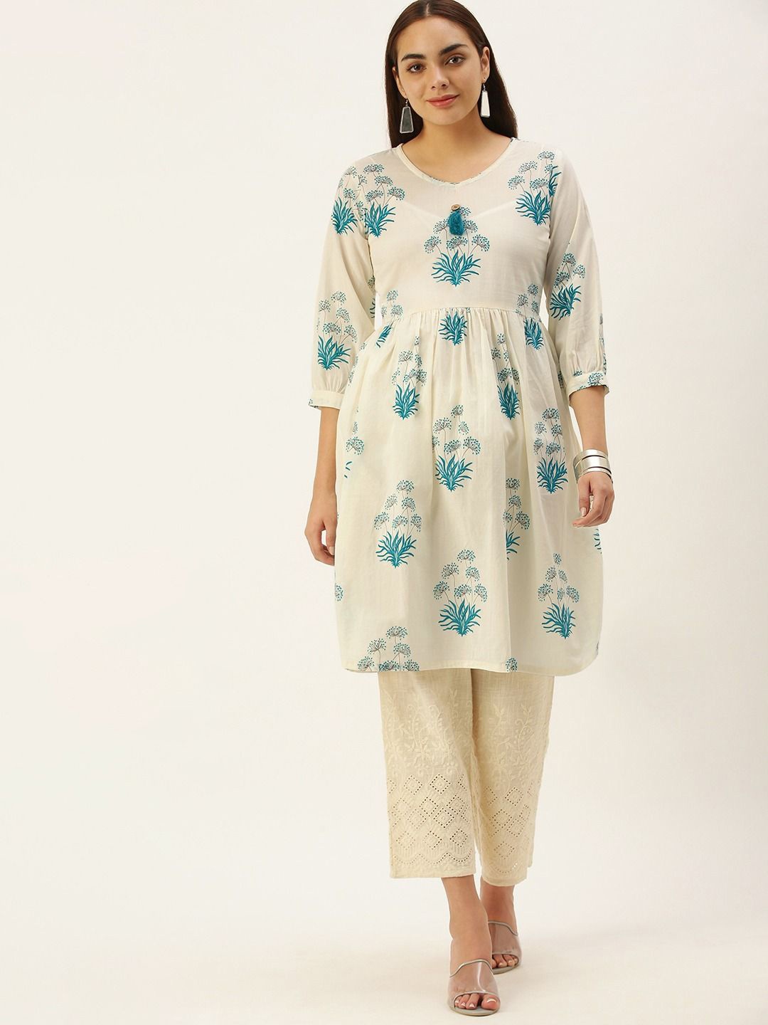 

KALINI Floral Printed V-Neck Cotton A-Line Kurta, Off white