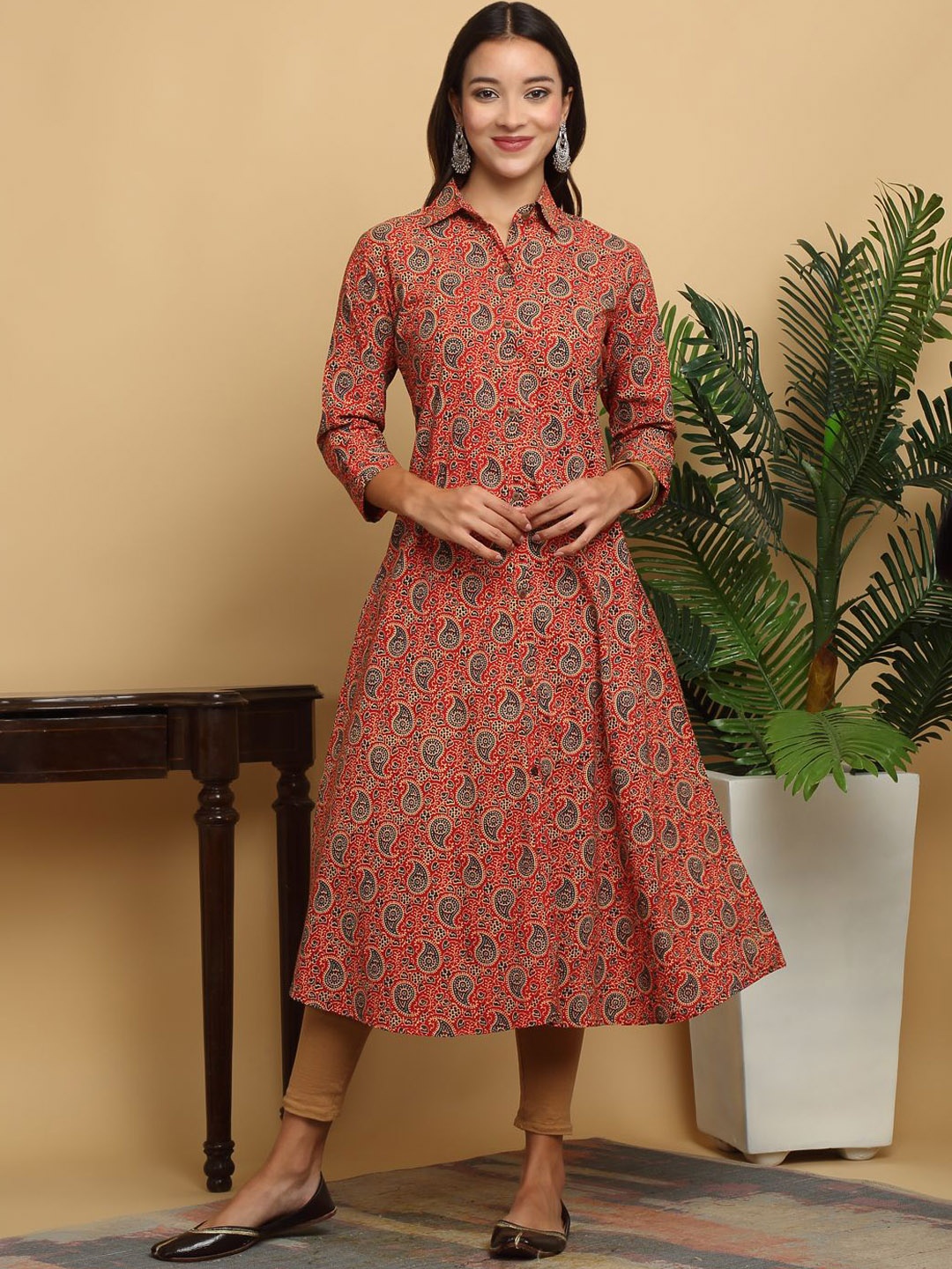 

KALINI Paisley Printed Shirt Collar Cotton A-Line Kurta, Red