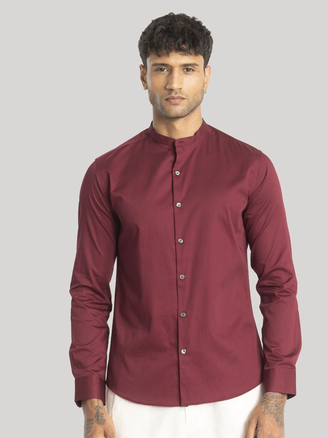 

Snitch Men Smart Solid Slim Fit Opaque Formal Pure Cotton Shirt, Maroon