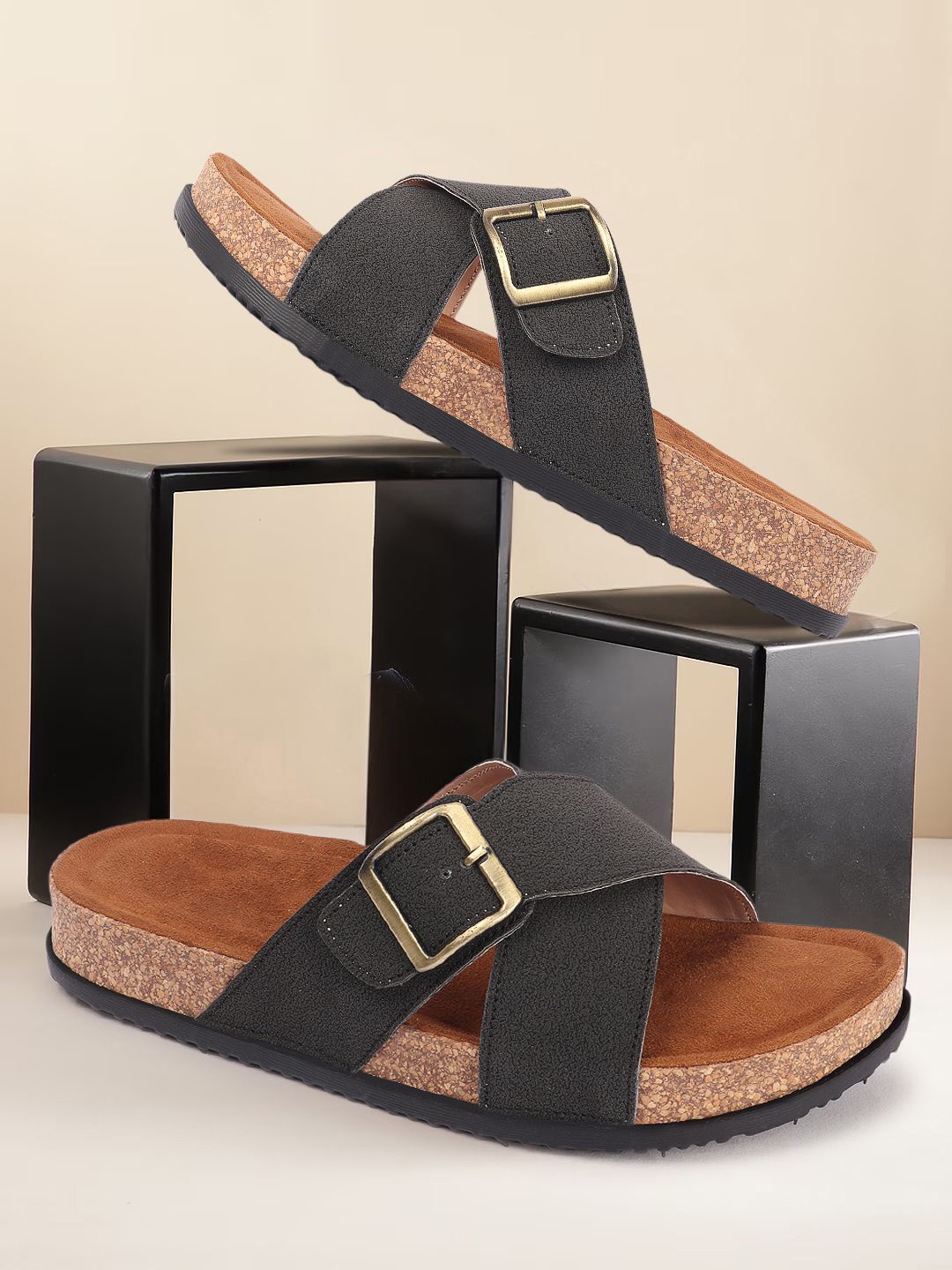 

JUMPLITE Women's Casual Synthetic Leather Open Toe Sandals, Black