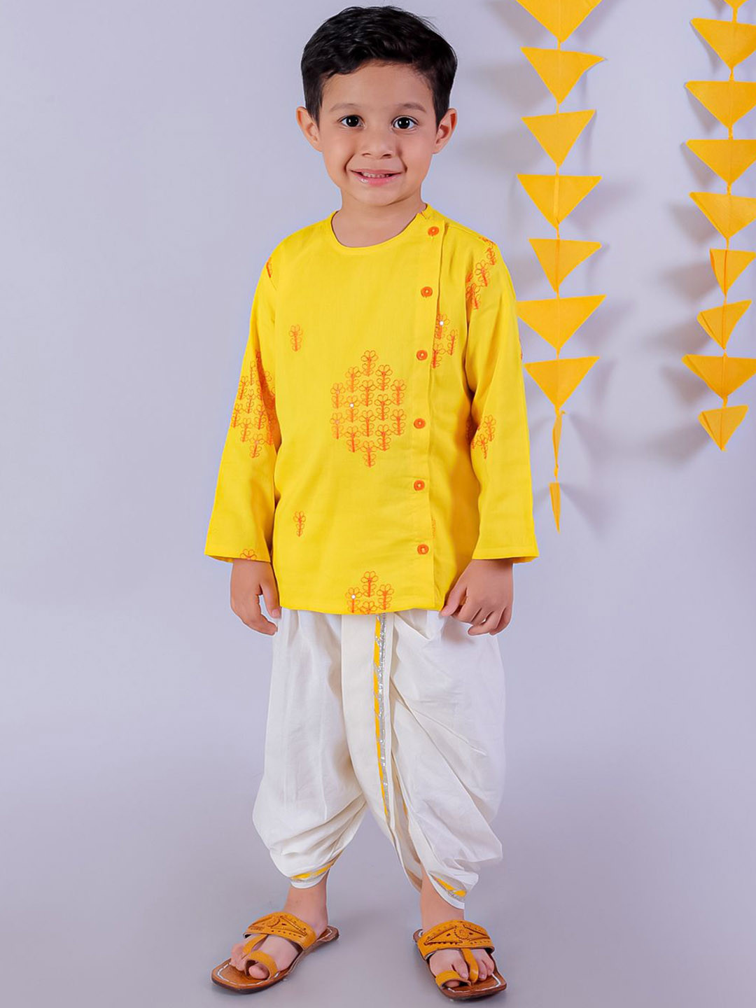 

LIL DRAMA Boys Embroidered Thread Work Pure Cotton Kurta With Dhoti Pant, Yellow