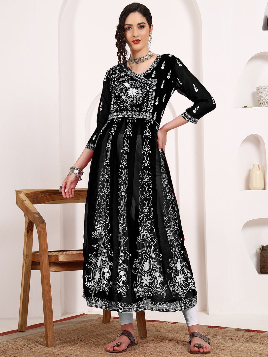 

KALINI V Neck Ethnic Motifs Chikankari Embroidery Georgette Anarkali Kurta, Black