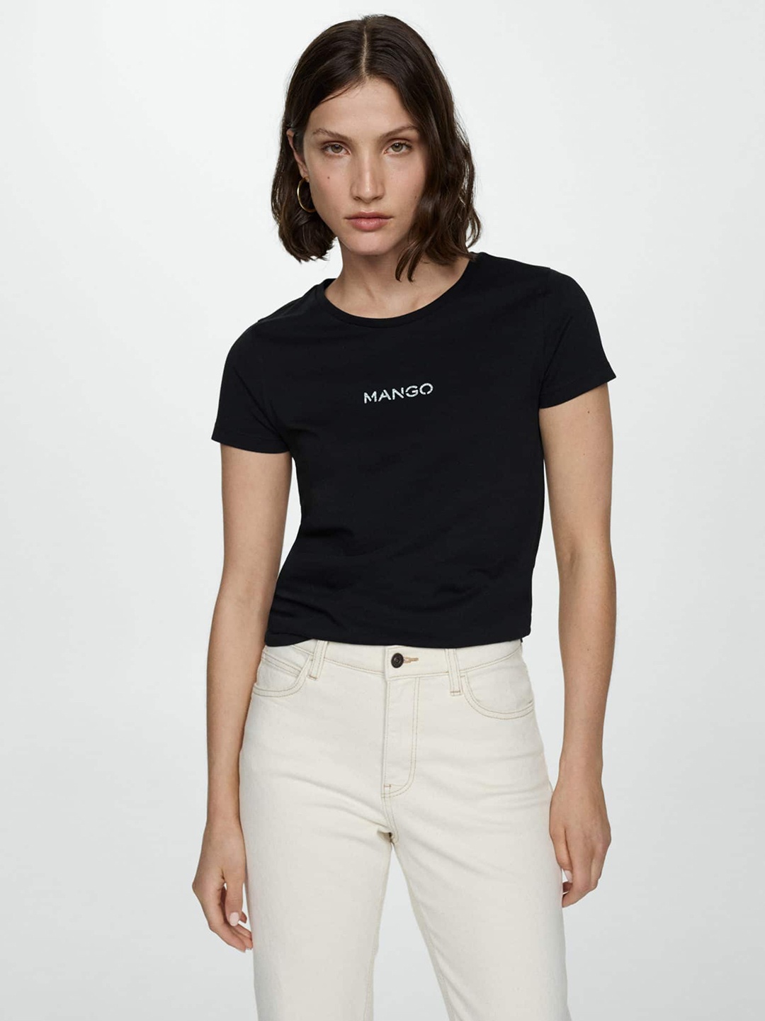

MANGO Women Brand Logo Printed Pure Cotton T-shirt, Black