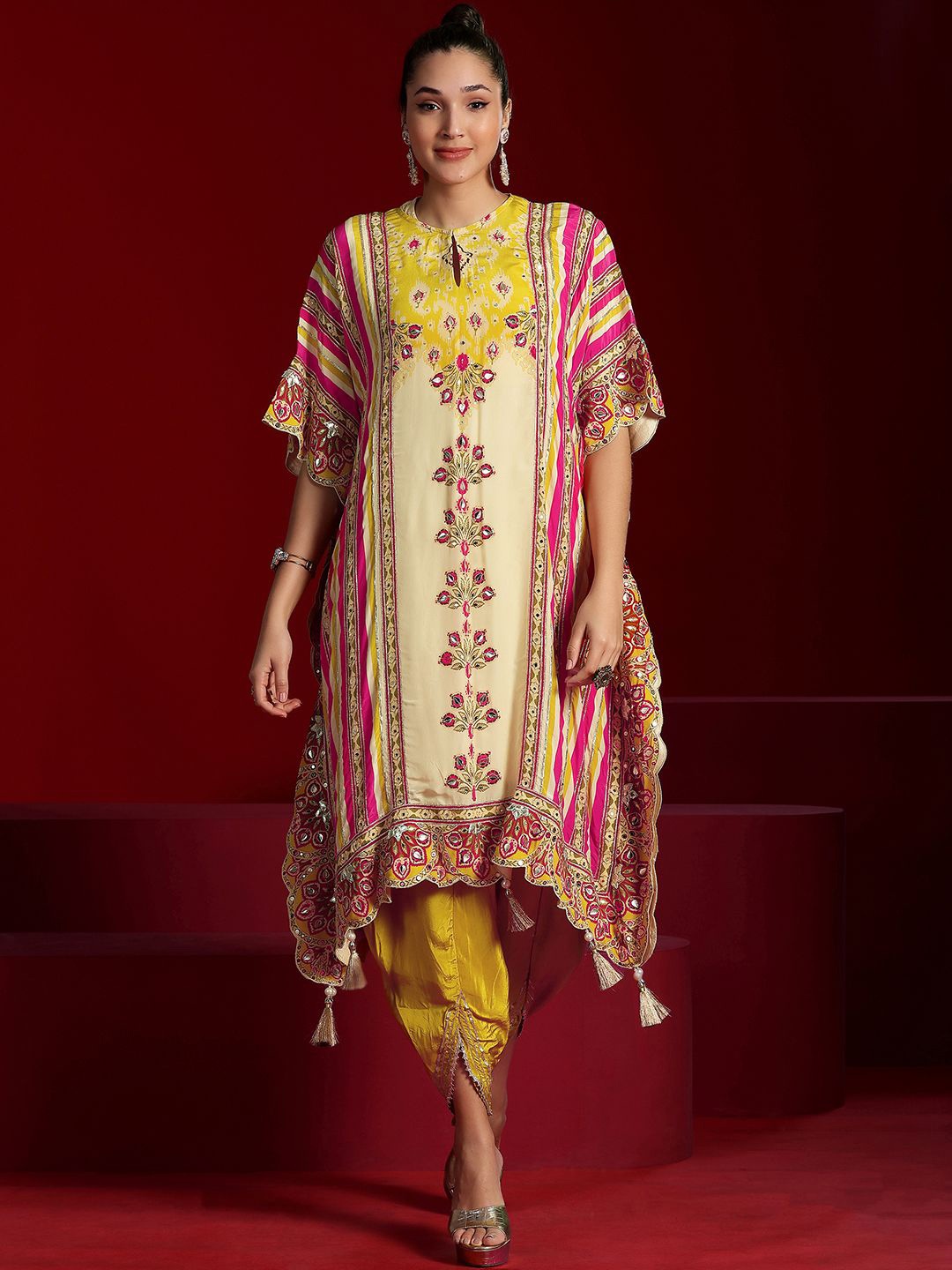 

Libas Art Ethnic Motifs Printed Round Neck Kaftan With Dhoti Pants & Inner, Yellow