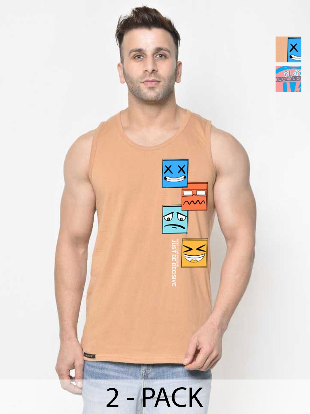 

SLOWLORIS Men Pack Of 2 Typography Printed Round Neck Cotton Slim Fit T-Shirts, Peach