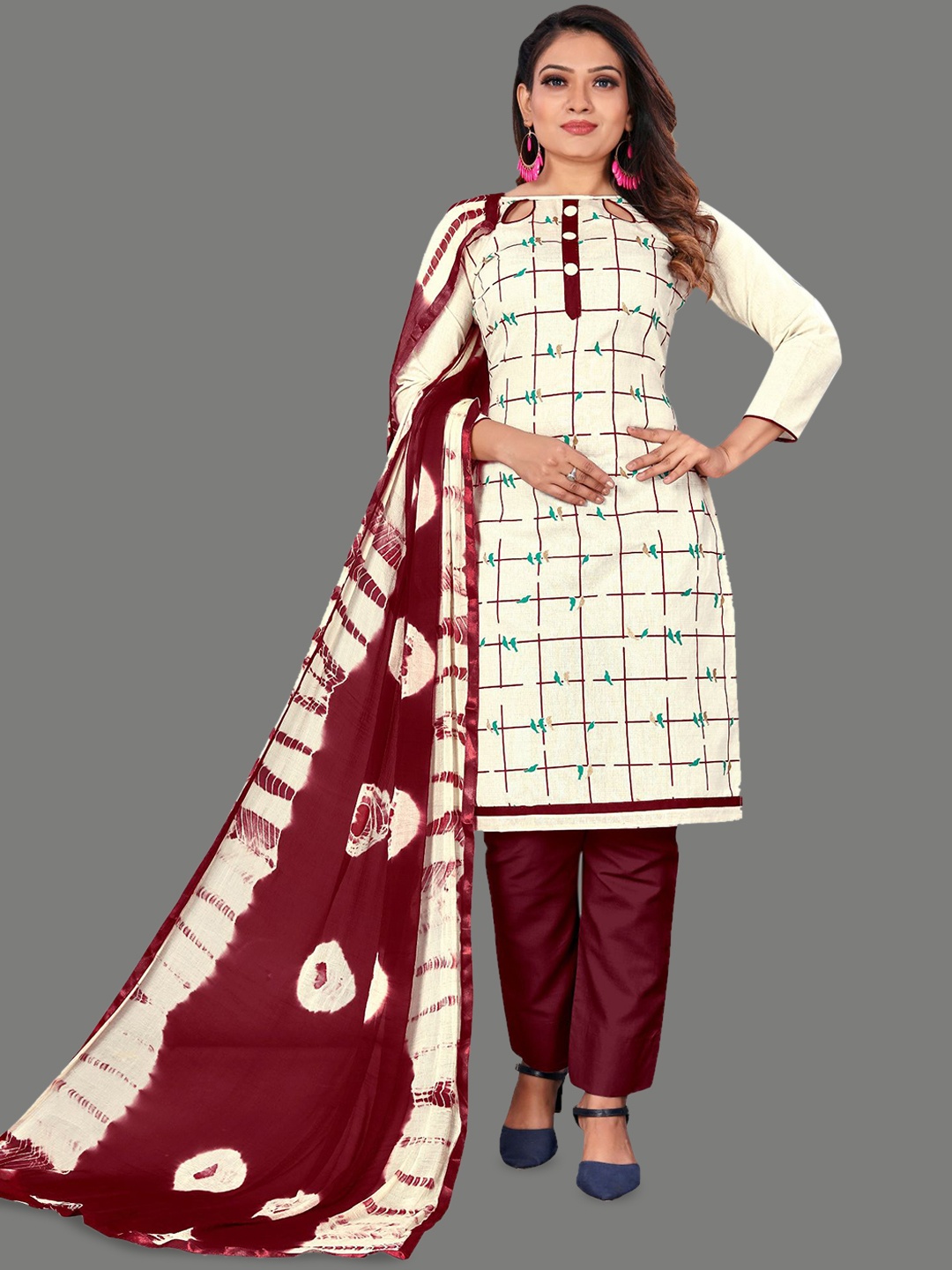 

LADY SHOPI Checked Embroidered Pure Cotton Unstitched Dress Material, Maroon