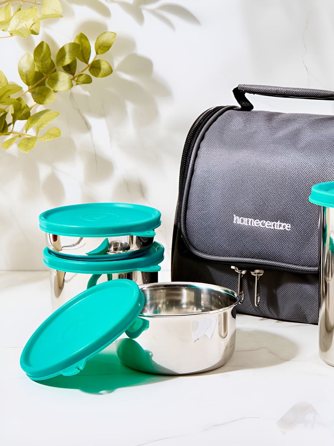 

Home Centre 3-Pcs Teal Blue Lunch Boxes With Tumbler & Lunch Bag