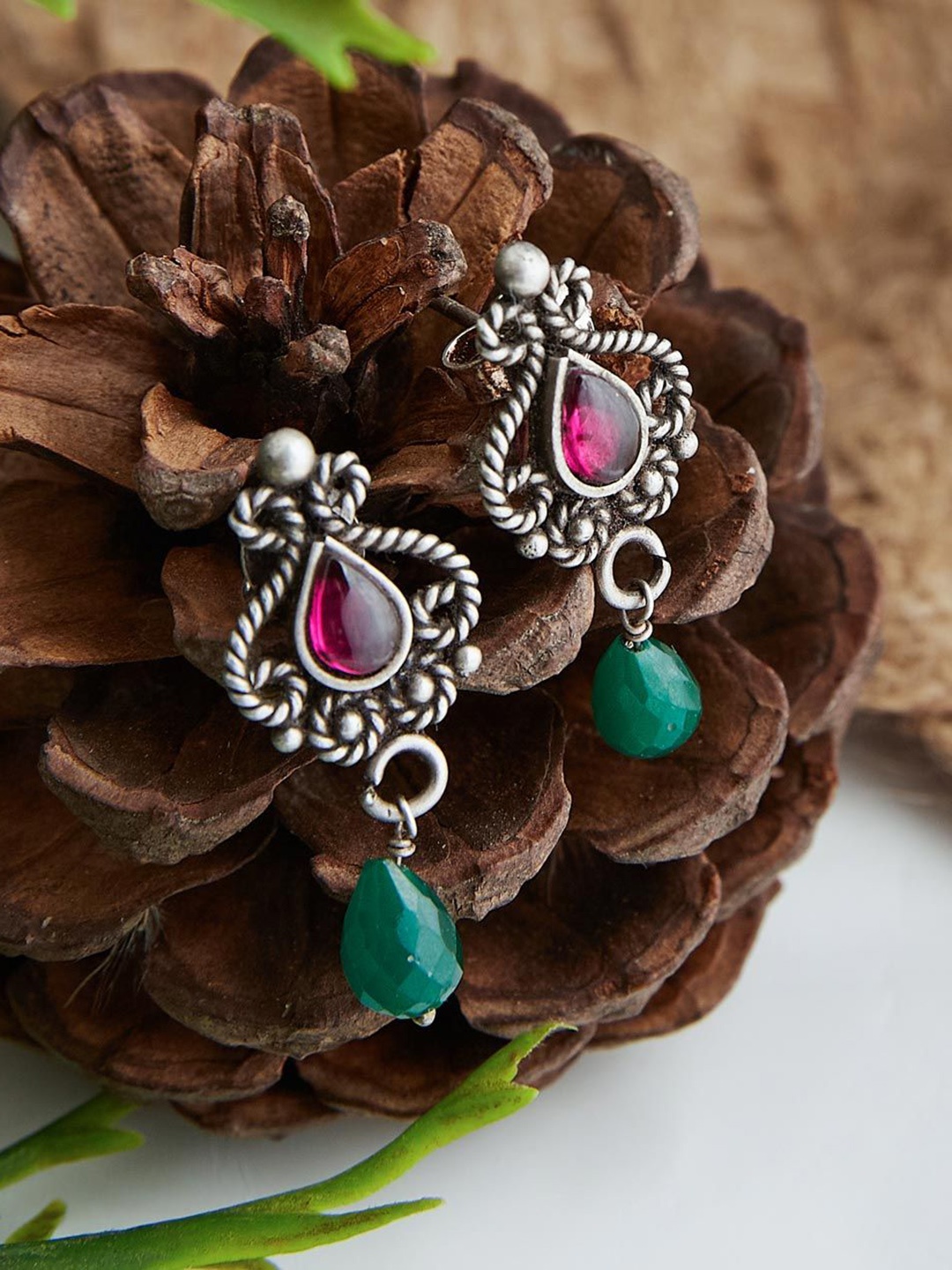 

Fabindia Silver-Plated Stone Studded & Beaded Teardrop Shaped Drop Earrings