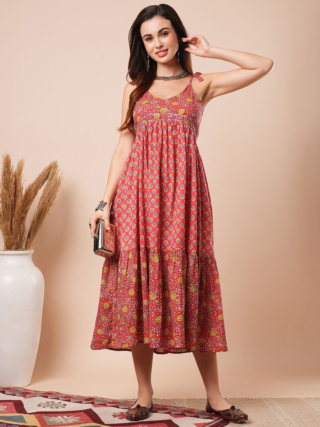 

Globus Floral Printed Cotton Tiered Empire Midi Ethnic Dresses, Red