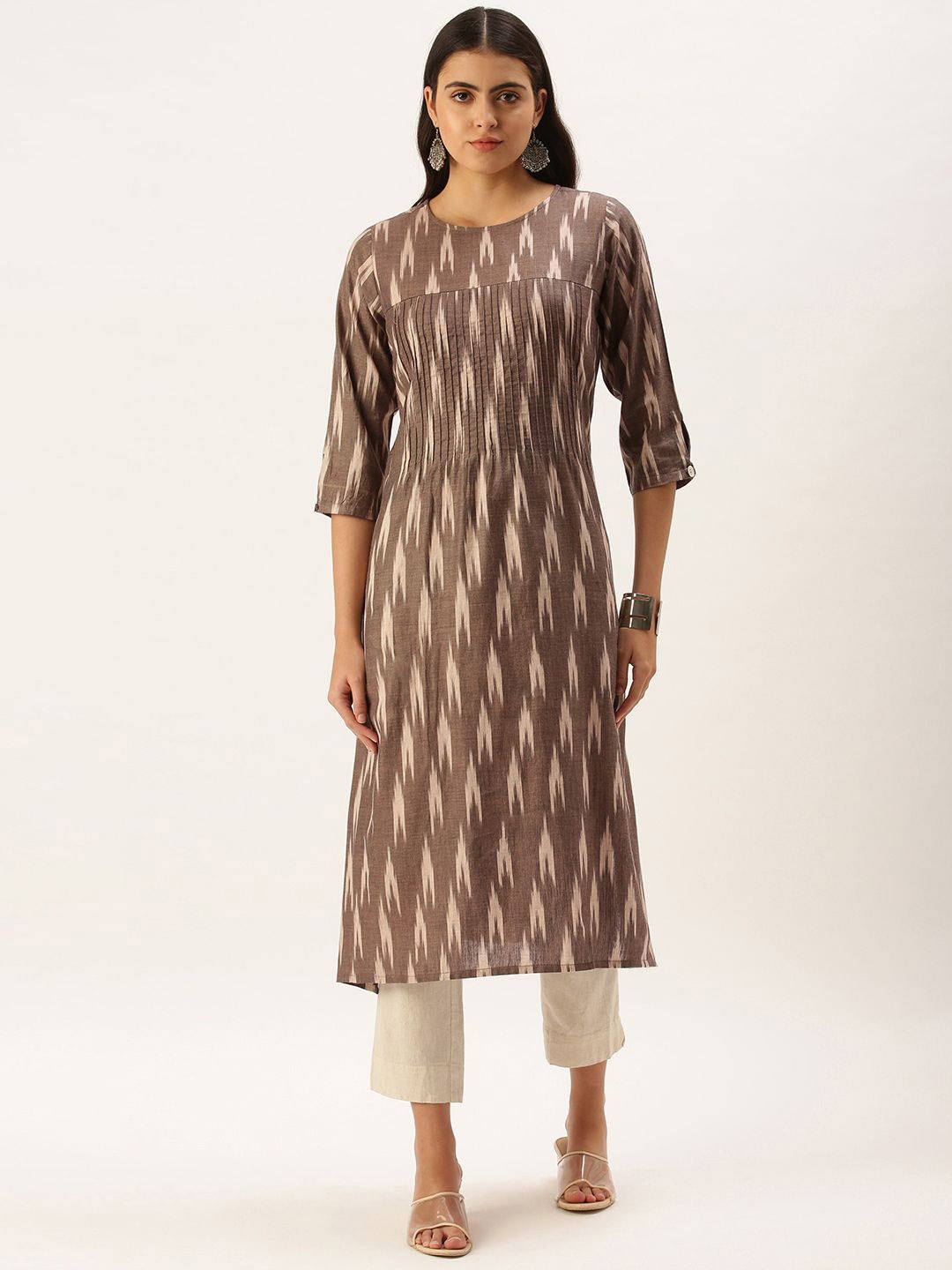 

KALINI Ikat Printed Pleated Straight Kurta, Brown