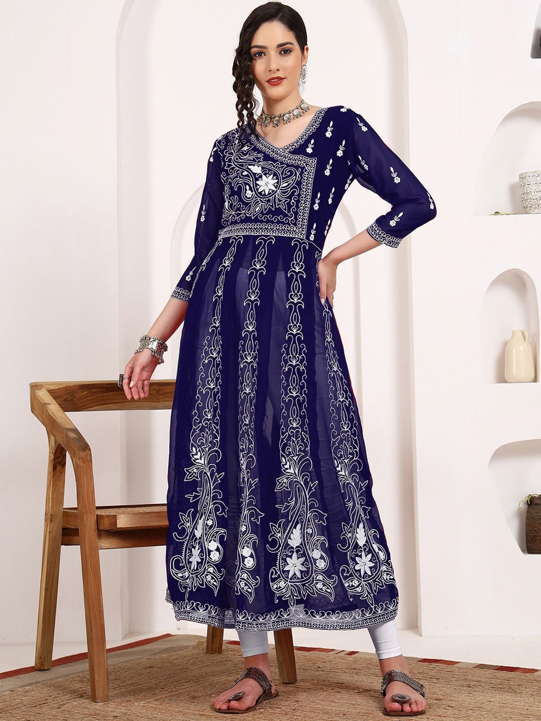 

KALINI V Neck Ethnic Motifs Chikankari Embroidery Georgette Anarkali Kurta, Navy blue