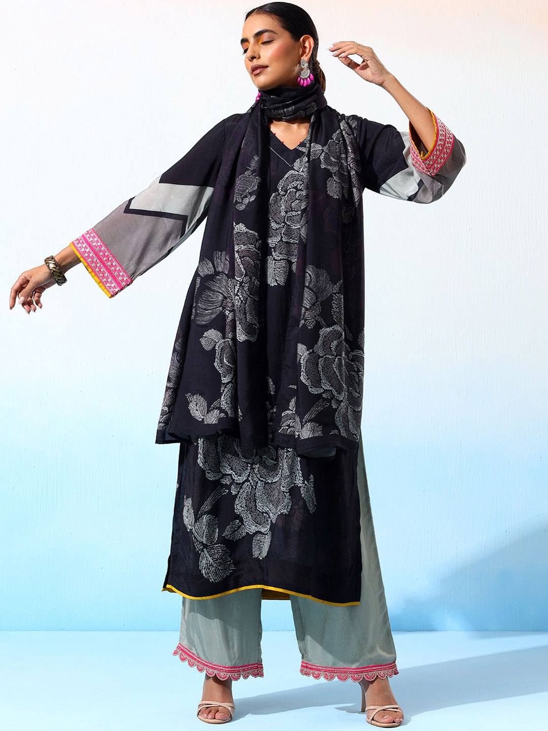 

Bani Women Printed Beads and Stones Pure Silk Straight Kurta with Palazzos & Dupatta, Black