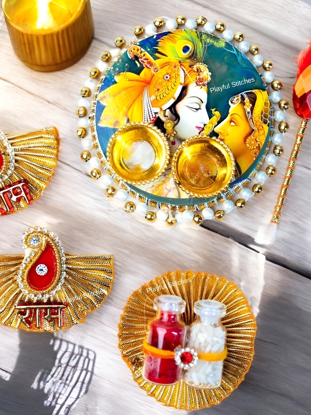 

PLAYFUL STITCHES Yellow & Blue Textured Pooja Thali