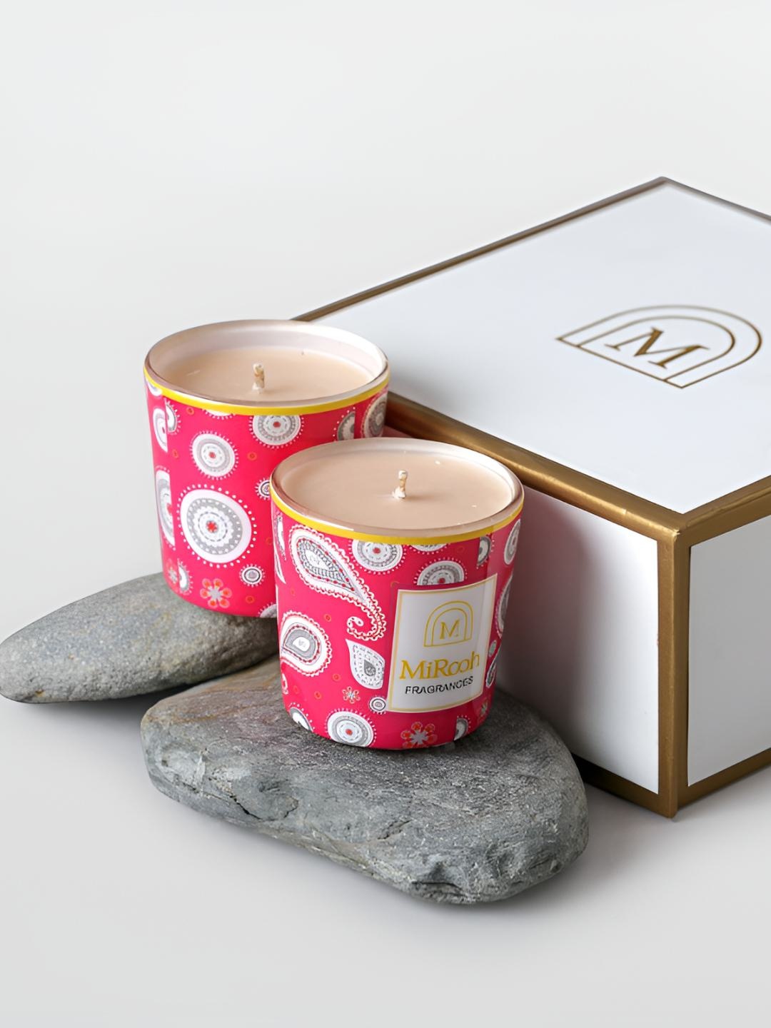 

Mirooh Fuchsia & White 4 Pieces Printed Scented Glass Candles