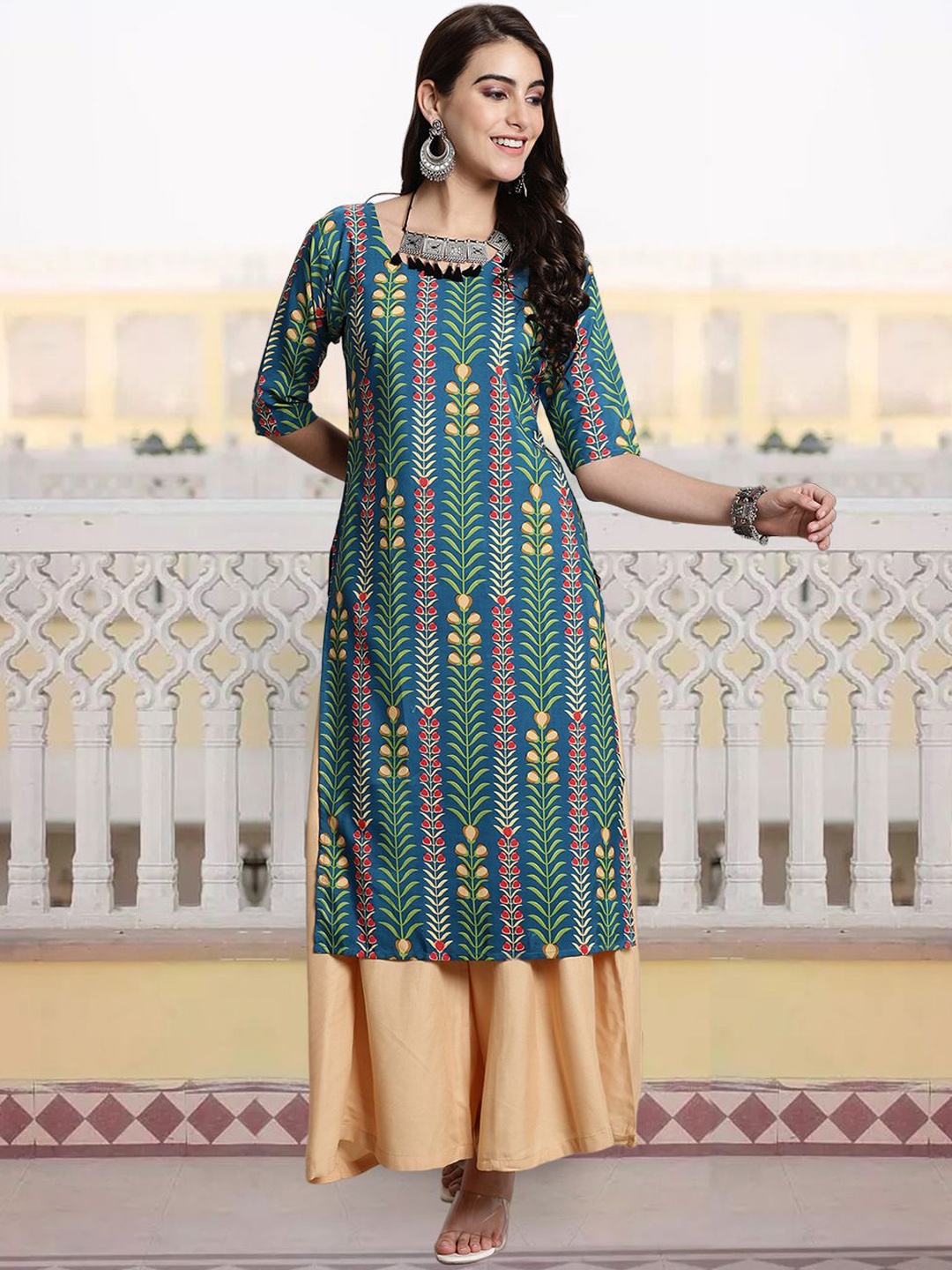 

KALINI Floral Printed Round Neck Straight Kurta, Blue