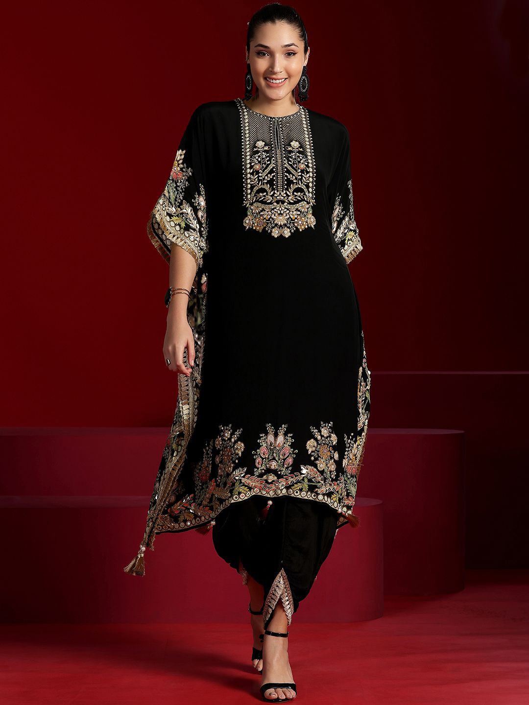 

Libas Art Floral Embroidered Round Neck Thread Work Tunic With Dhoti Pants & Inner, Black
