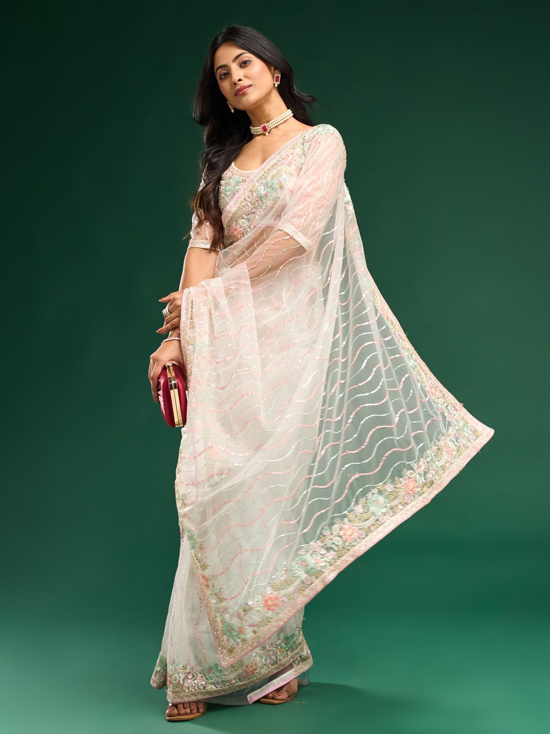 

kasee Floral Embroidered Net Saree, Cream